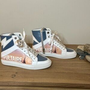 Zadig & Voltaire Blue and White High-Tops brand new. Size 6 Eiffel Tower graphic